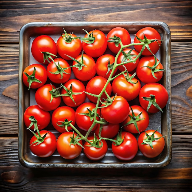 High angle view of juicy red tomatoes in tray