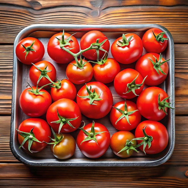 High angle view of juicy red tomatoes in tray