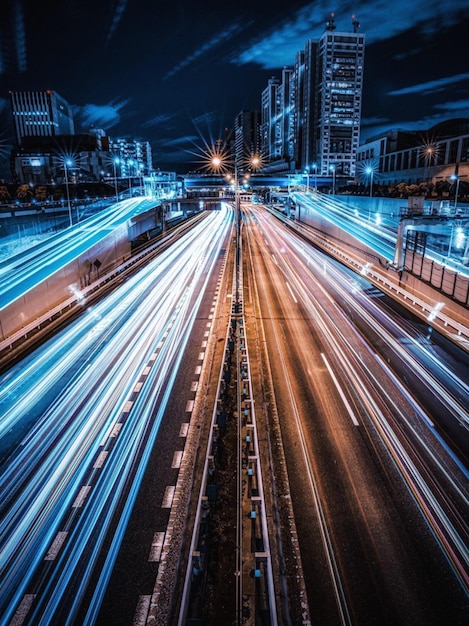 Photo high angle view of light trails on city street