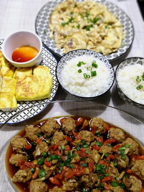 High angle view of meal served on table