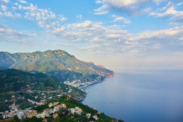 High angle view of Minori and Maiori, Amalfi coast, Italy.