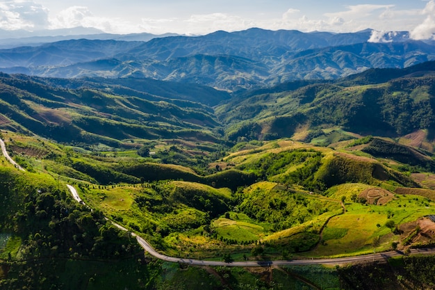 High angle view mountain covers and road way in the rain season 