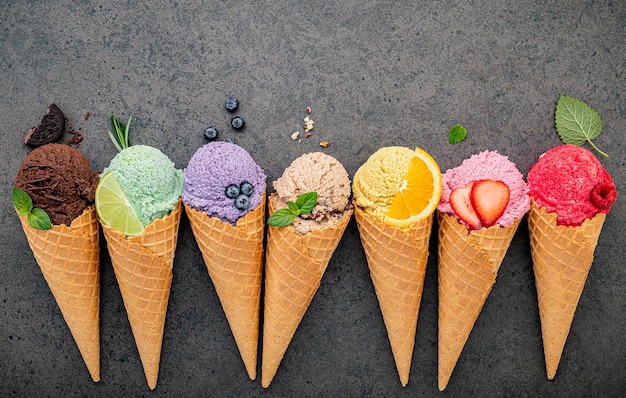 High angle view of multi colored ice cream in row