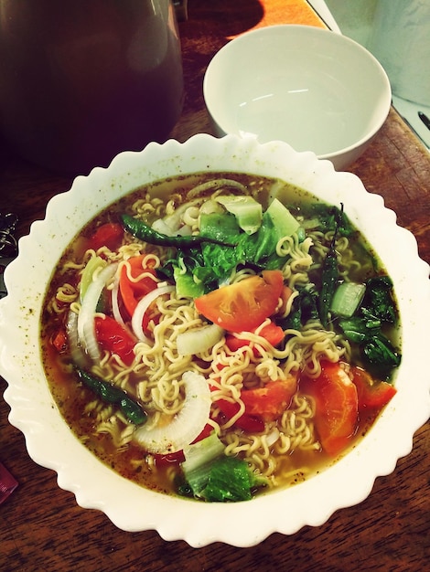 High angle view of noodles in bowl on table