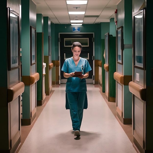 High angle view of nurse walking around hospital while looking at a medical chart on tablet