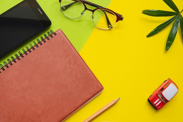 High angle view of office supplies on table