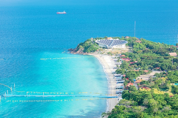 High Angle View Panorama Of Famous Samae Beach With Beautiful Gulf Of Koh Lan, Pattaya