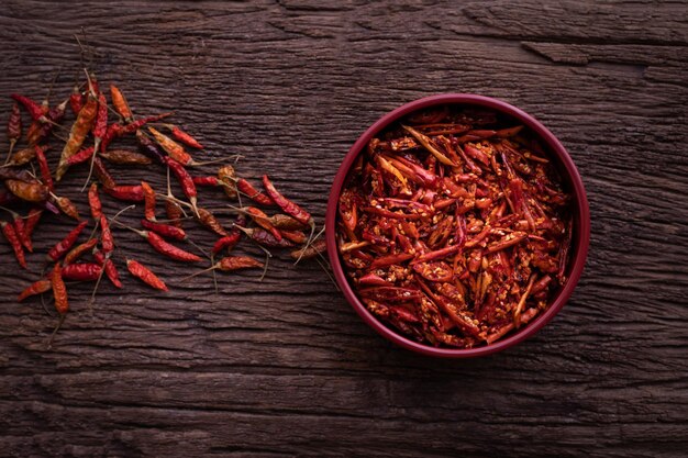 High angle view of red chili peppers on table