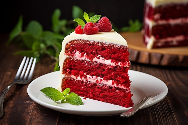 High angle view of red velvet cake slice served in plate