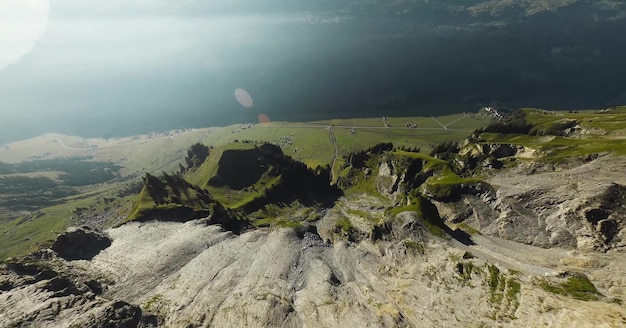 High angle view of rocks and mountains against sky