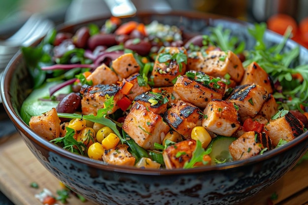 High angle view of salad in bowl on table