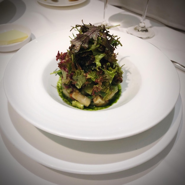 High angle view of salad in plate on table