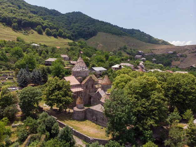 High angle view of sanahin monastery against trees and sky