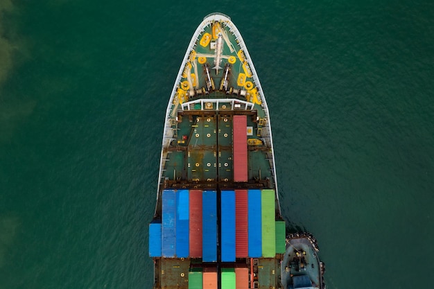 High angle view shipping containers transportation sailing on the sea