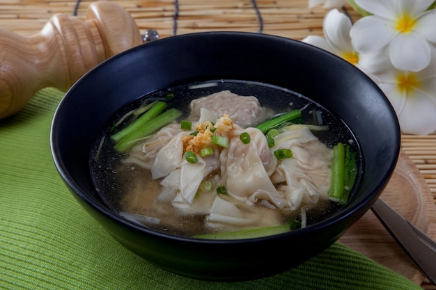 High angle view of soup in bowl on table