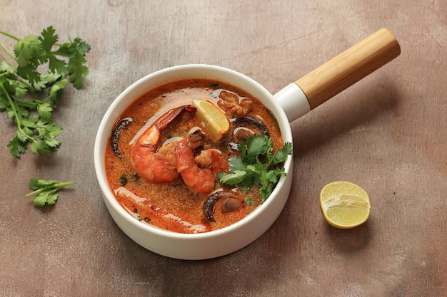 High angle view of soup in bowl on table