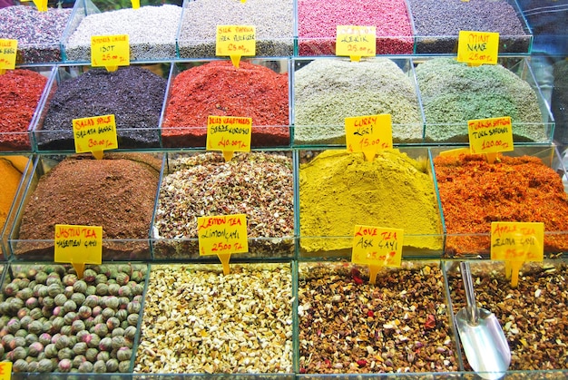 Photo high angle view of spices for sale at market stall