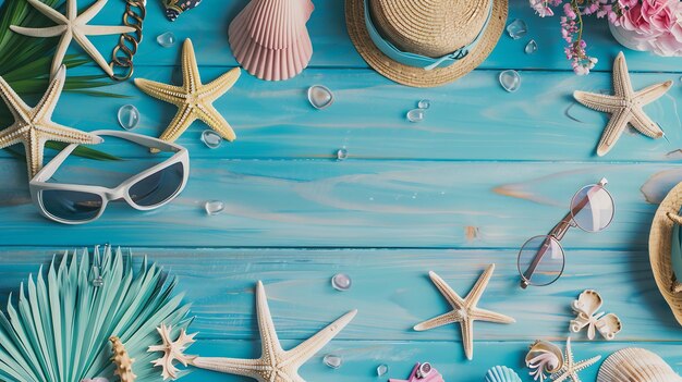 High angle view of summer vacations beach accessories on blue wooden background with Generative AI