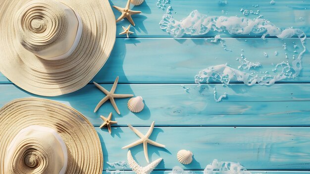 High angle view of summer vacations beach accessories on blue wooden background with Generative AI