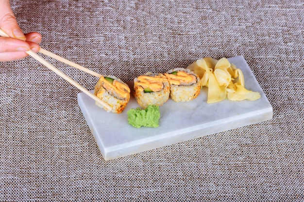 Photo high angle view of sushi in tray