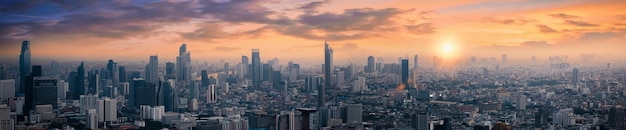 High angle view of tall buildings Condominium in Bangkok city at sunrise Skyline top view Downtown city of thailand asian