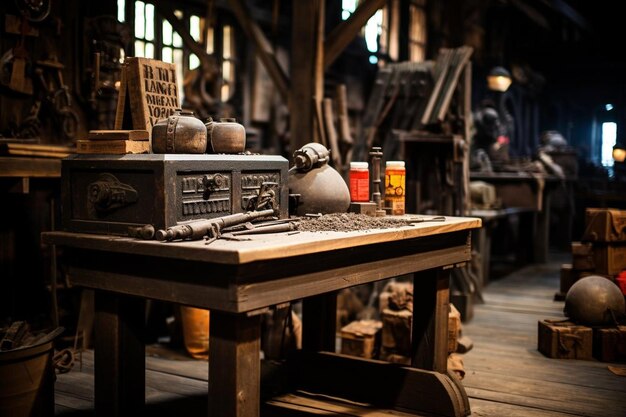 High angle view of various tools in toolbag on old wooden background