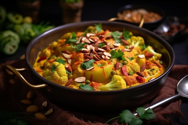 High angle view of vegan cauliflower curry served on table