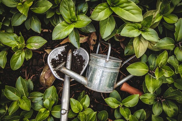 Photo high angle view of watering can hand shovel and gardening scissors near green leaves