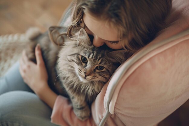 High angle view of woman sitting with cat at home