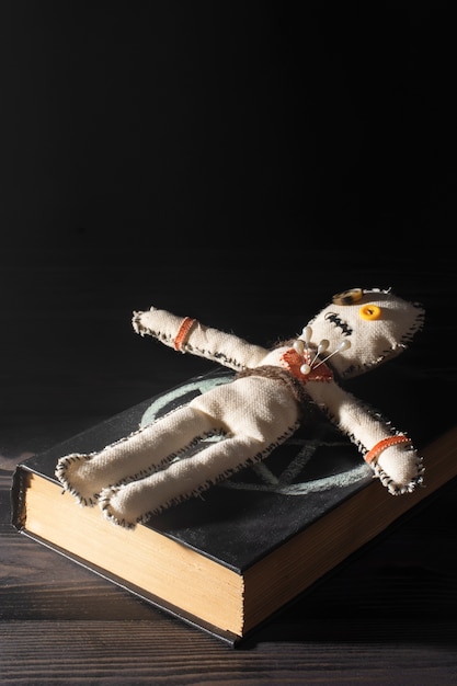 High angle vodoo doll and book arrangement