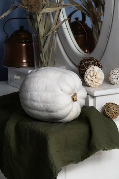 High angle white pumpkin and cloth