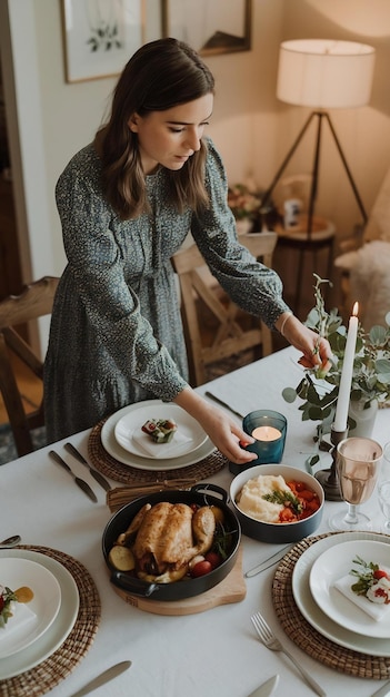 Photo high angle woman arranging meal on table