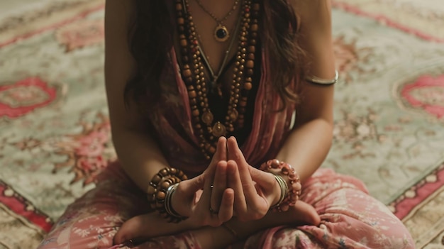 High Angle of Woman Holding Beads and Meditating