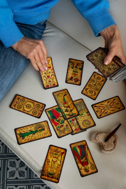 High angle woman reading tarot