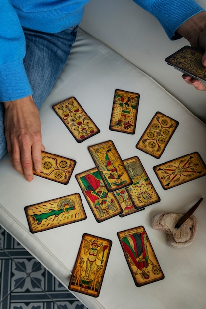 High angle woman reading tarot