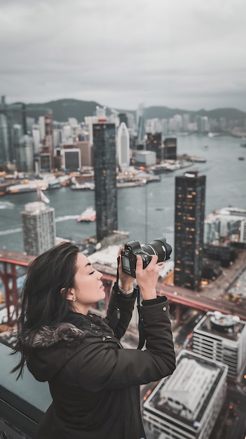 Photo high angle woman taking photos