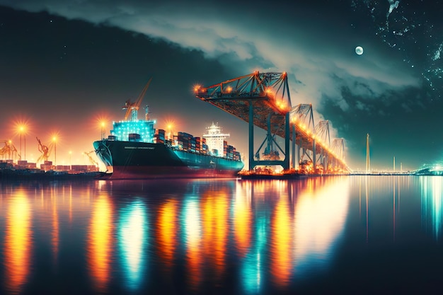 High cargo cranes in port and cargo ship moored created with generative ai