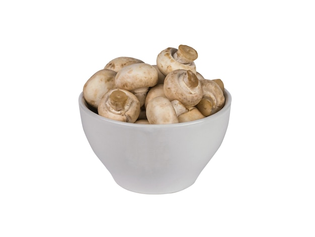 High ceramic bowl with champignons isolated on a white background