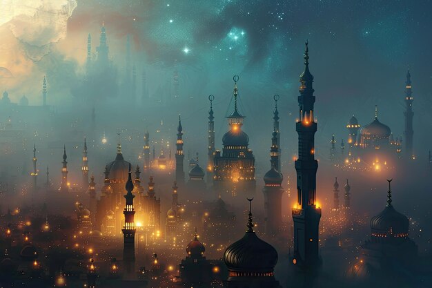 High above a city with glowing minarets during Ramadan