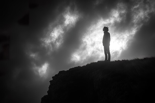 A high contrast black and white image of a persons silhouette against a dramatic sky capturing a sen