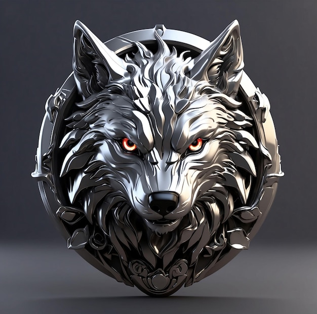 Photo high definition render 3d gamer silver colour wolf logo