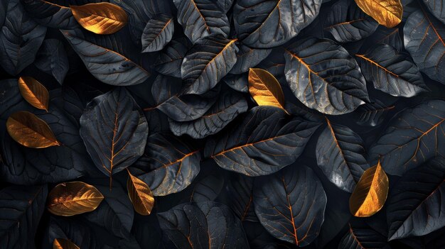 Photo high definition wallpaper featuring black leaves with golden veins on a dark background