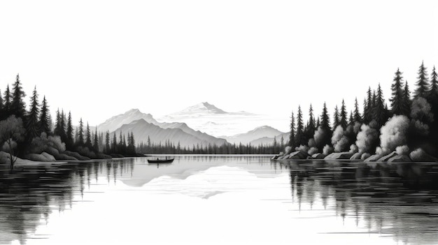 High Detail Black And White Lake Scene Digital Illustration