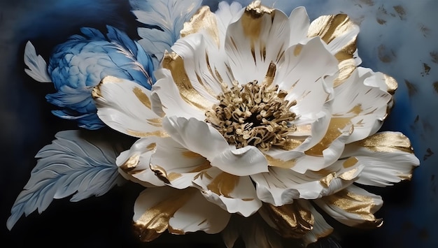 A high detailed painting of a blue flower with gold leaf Generative AI