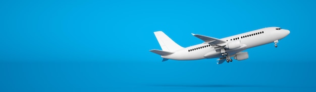 High detailed white plane 3d rendering on a blue background Airplane take off Airline concept