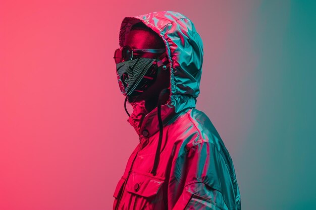 Photo high end fashion handsome fashion model in casual jacket with neon coral sneaker mask and neon green lifestyle mens portrait fashion male background