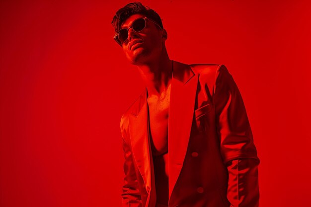 Photo high end fashion handsome fashion model in jumpsuit with neon red mens lifestyle background