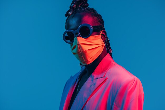 Photo high end fashion handsome fashion model in trendy blazer with neon coral ski mask and neon blue lifestyle mens portrait fashion male background