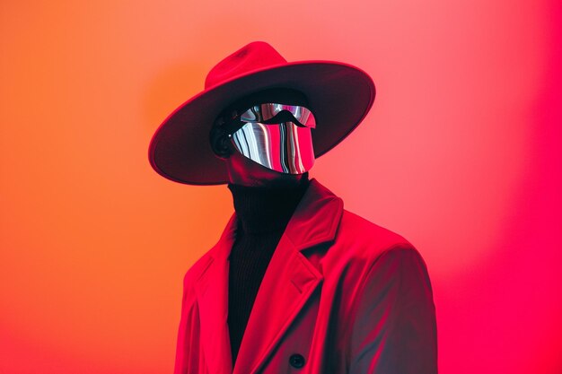 Photo high end fashion handsome fashion model in trendy overcoat with mens fashion face mask and neon coral background