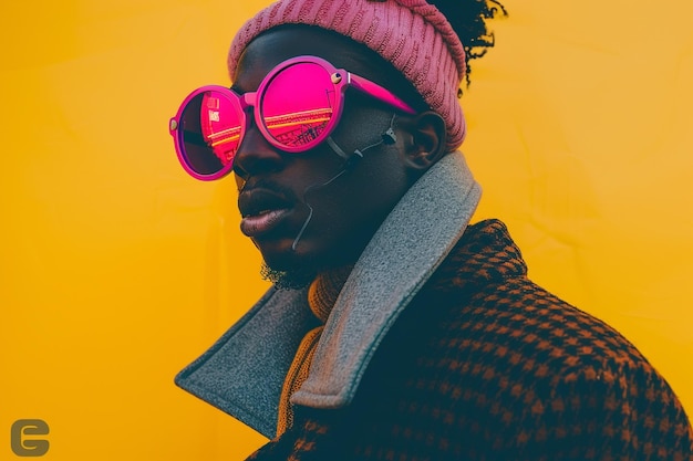 Photo high end fashion handsome fashion model in trendy overcoat with neon pink ski mask and neon yellow lifestyle mens portrait fashion male background